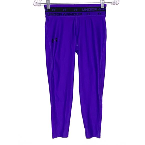 Under Armour Purple Black Leggings Spell Out Waist Kids Girls Medium YMD - Picture 1 of 9